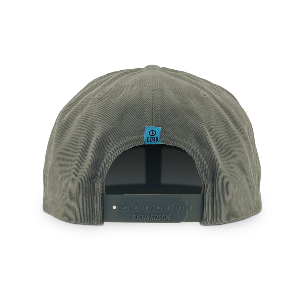 Olive green corduroy cap with a blue EZRA logo on the back against a white background