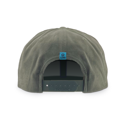 Olive green corduroy cap with a blue EZRA logo on the back against a white background