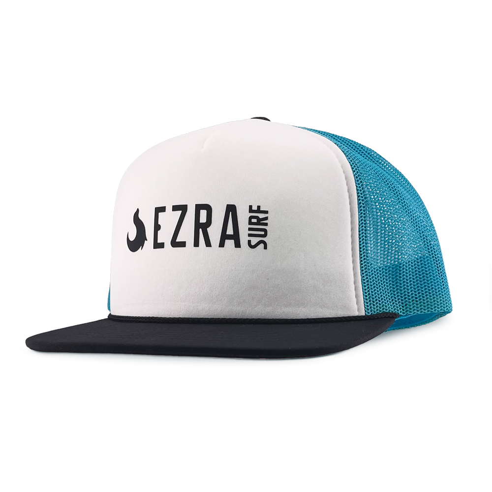 Trucker hat with 'EZRA SURF' branding on a white background