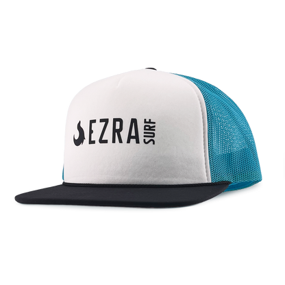 Trucker hat with 'EZRA SURF' branding on a white background
