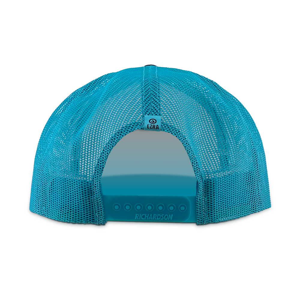 Back of bright blue mesh cap on a white background