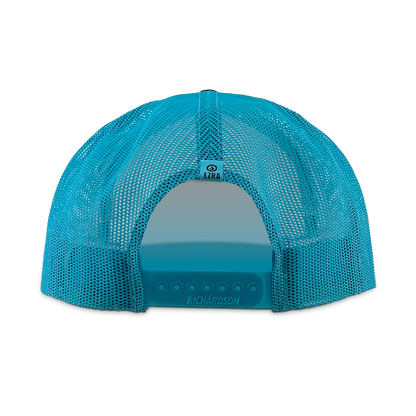 Back of bright blue mesh cap on a white background