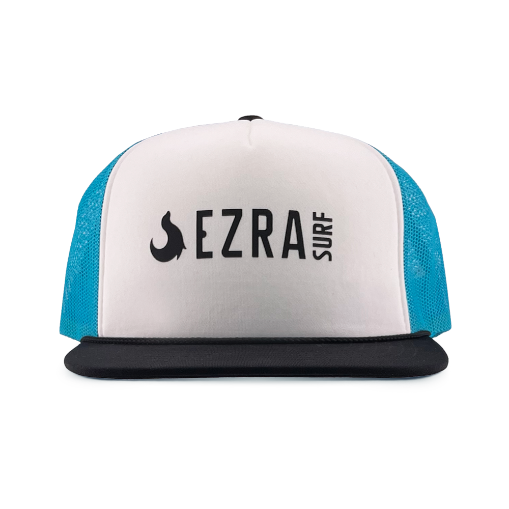 Trucker hat with 'EZRA SURF' logo on a white background