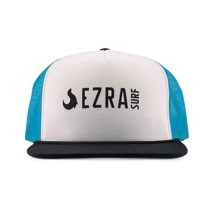 Trucker hat with 'EZRA SURF' logo on a white background