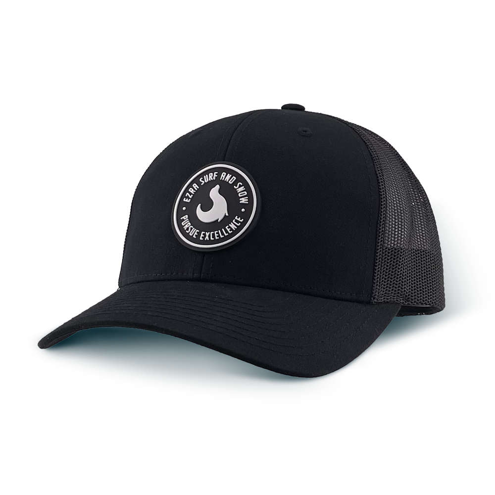 Black cap with a logo on a white background