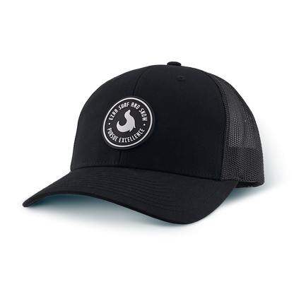 Black cap with a logo on a white background