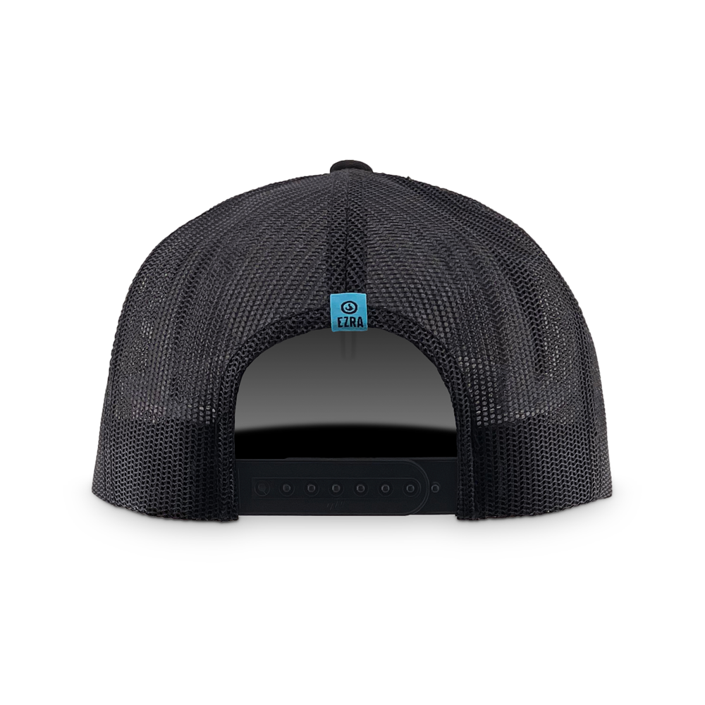 Back of black mesh cap with a blue EZRA label on a white background