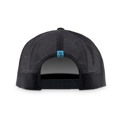 Back of black mesh cap with a blue EZRA label on a white background