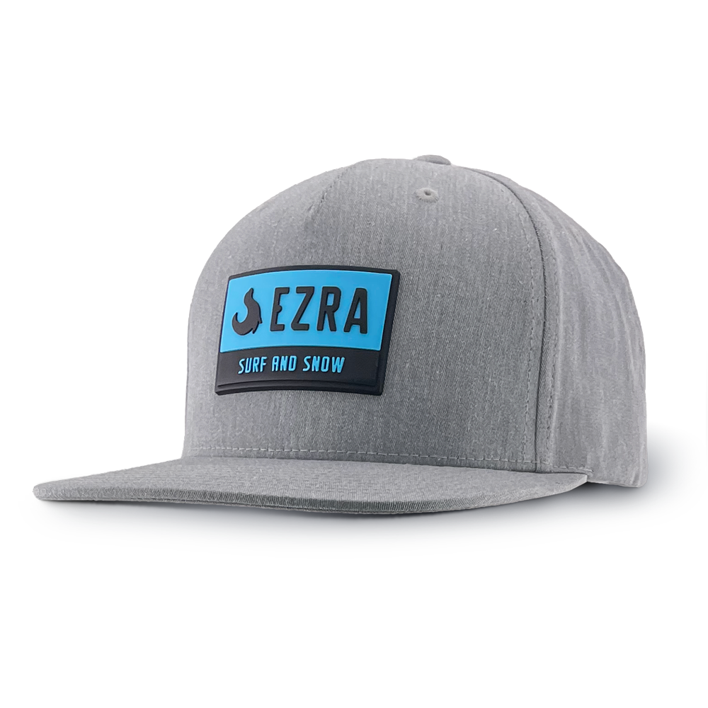 Gray cap with a blue and black EZRA logo on a white background