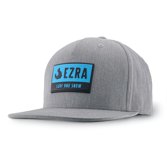 Gray cap with a blue and black EZRA logo on a white background