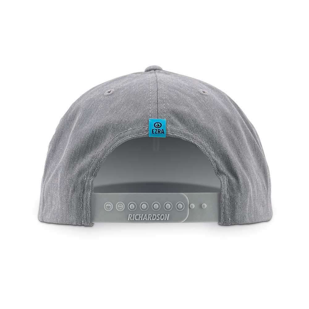 Back of gray cap with a blue Ezra logo on the back against a white background