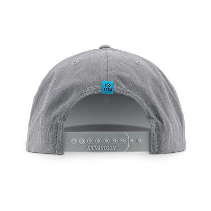 Back of gray cap with a blue Ezra logo on the back against a white background