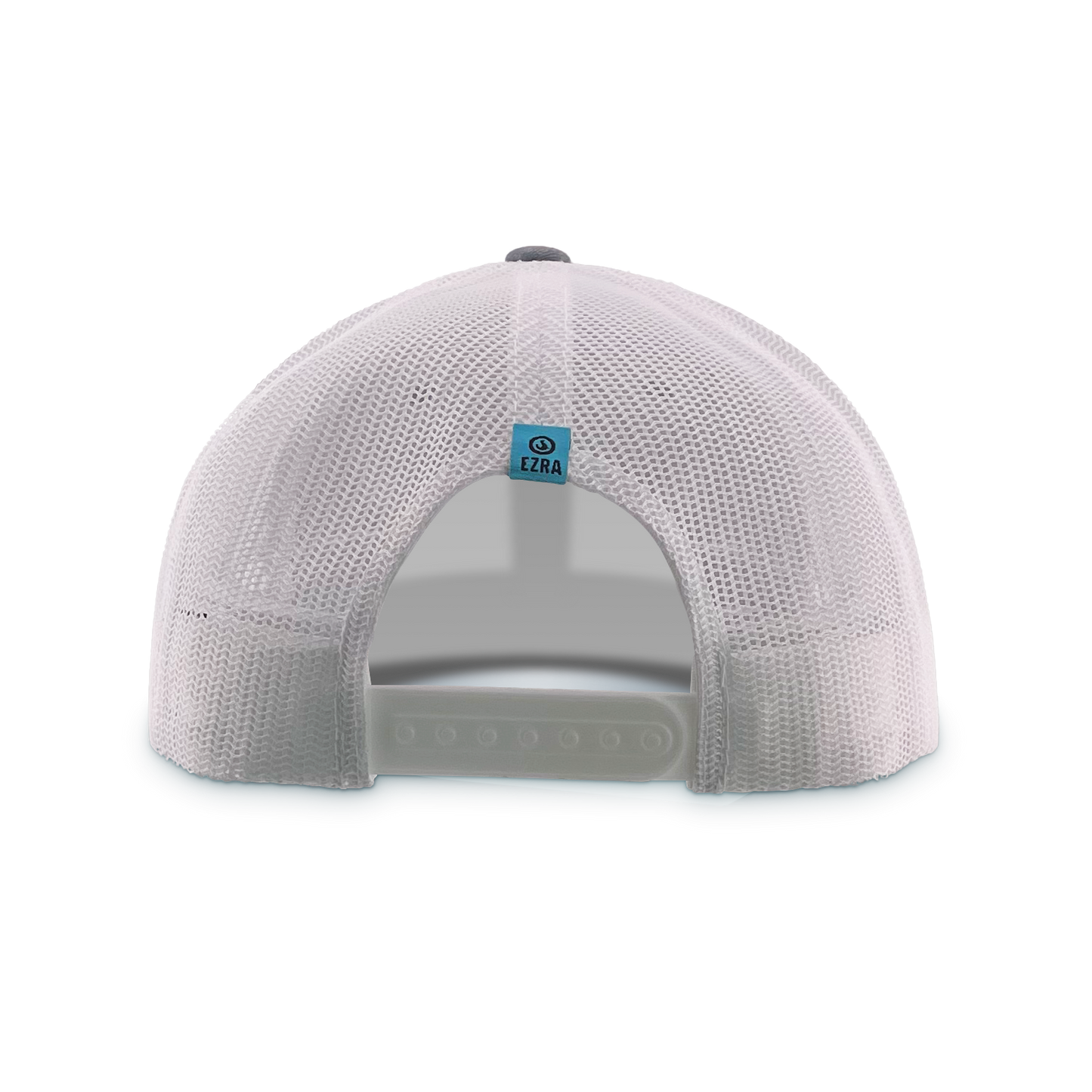 Back view of a white mesh cap with an EZRA logo on a white background