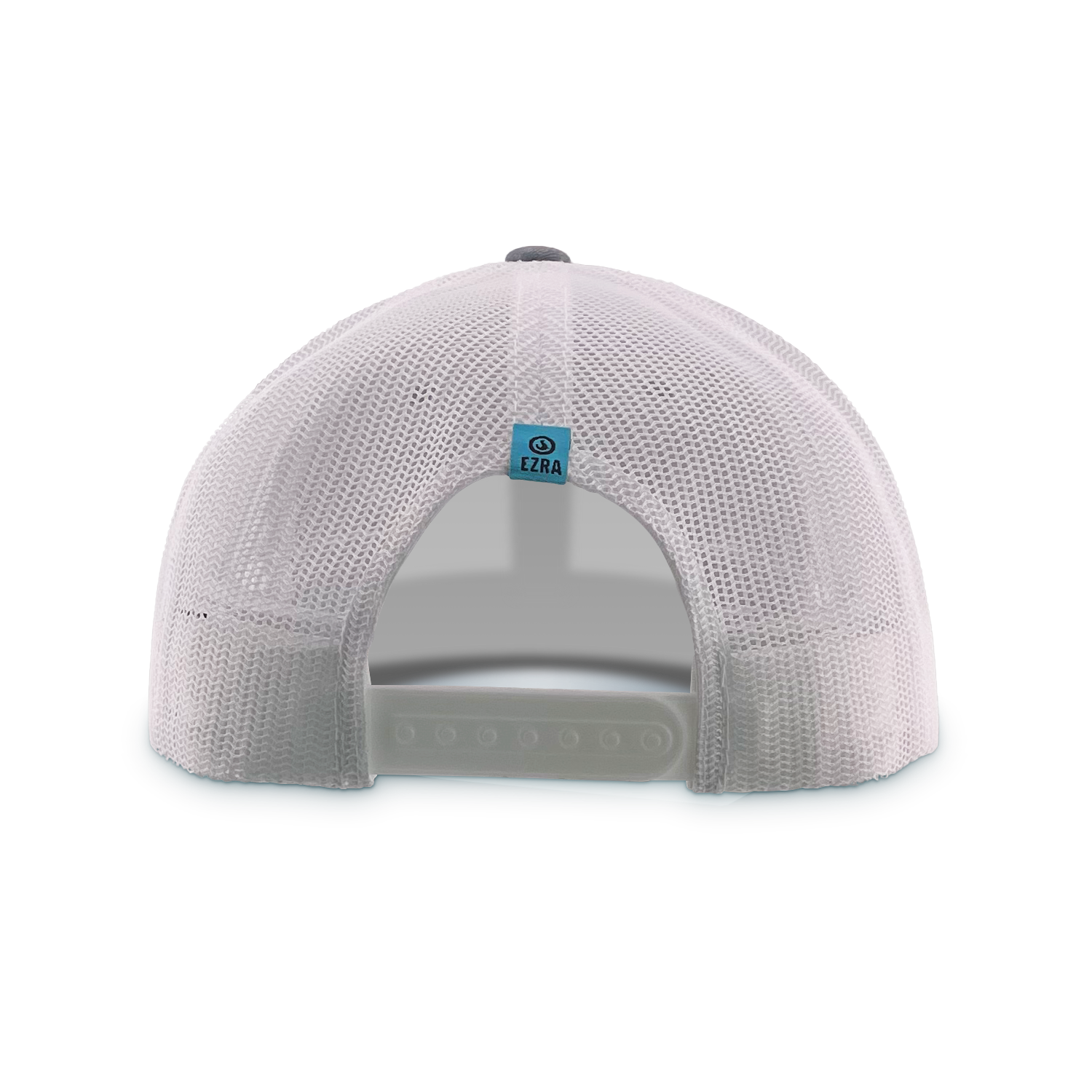 Back view of a white mesh cap with an EZRA logo on a white background