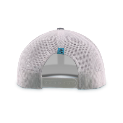 Back view of a white mesh cap with an EZRA logo on a white background