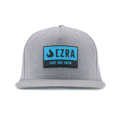 Gray cap with a blue and black 'EZRA Surf and Snow' logo on a white background