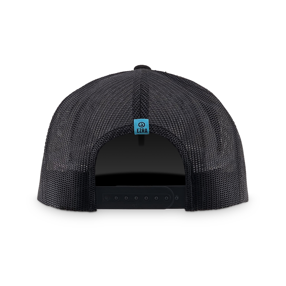 Back of black mesh cap with a small blue logo label on a white background