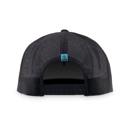 Back of black mesh cap with a small blue logo label on a white background