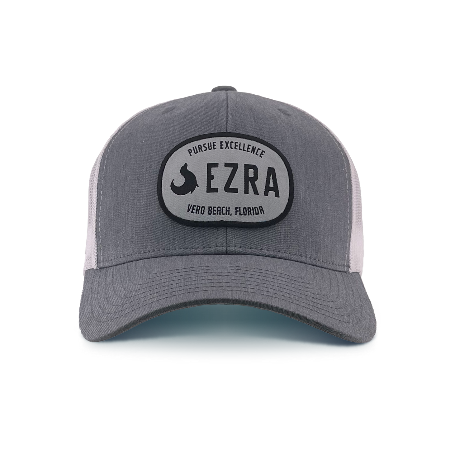 Gray cap with Ezra logo and text on a white background