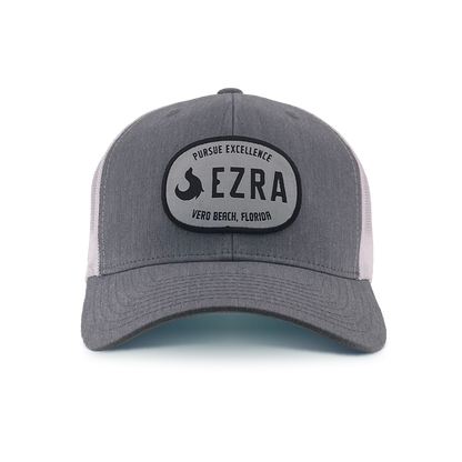 Gray cap with Ezra logo and text on a white background