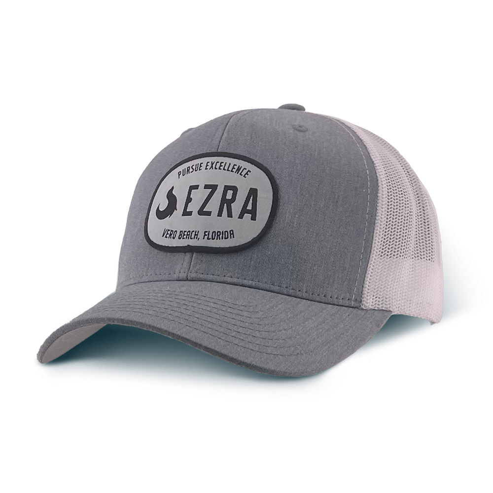 Gray cap with a black logo and text on a white background