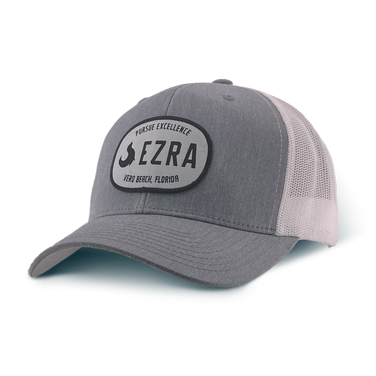 Gray cap with a black logo and text on a white background