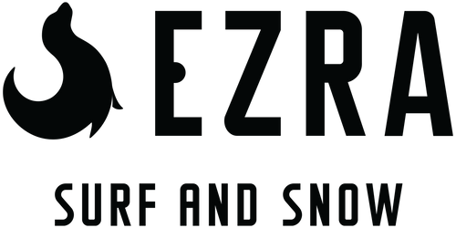 Black logo with 'EZRA' and 'SURF AND SNOW' text on a white background
