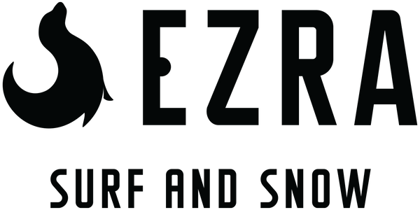 Black logo with 'EZRA' and 'SURF AND SNOW' text on a white background