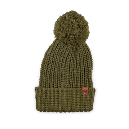 Avocado color knitted beanie toque with a pom-pom on a white background