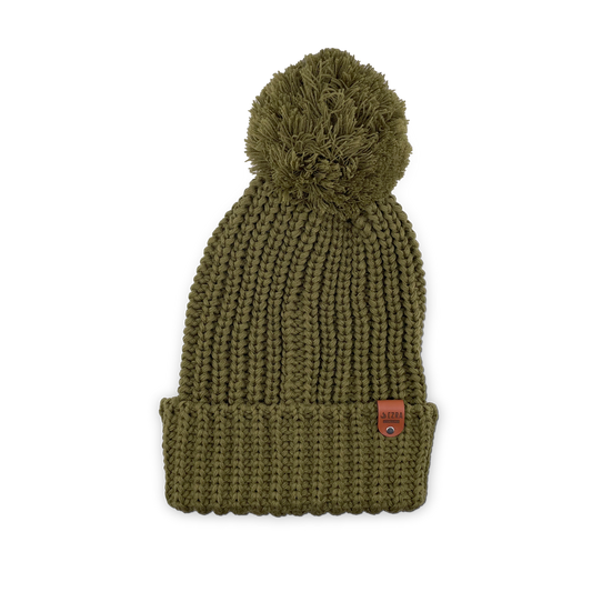 Avocado color knitted beanie toque with a pom-pom on a white background